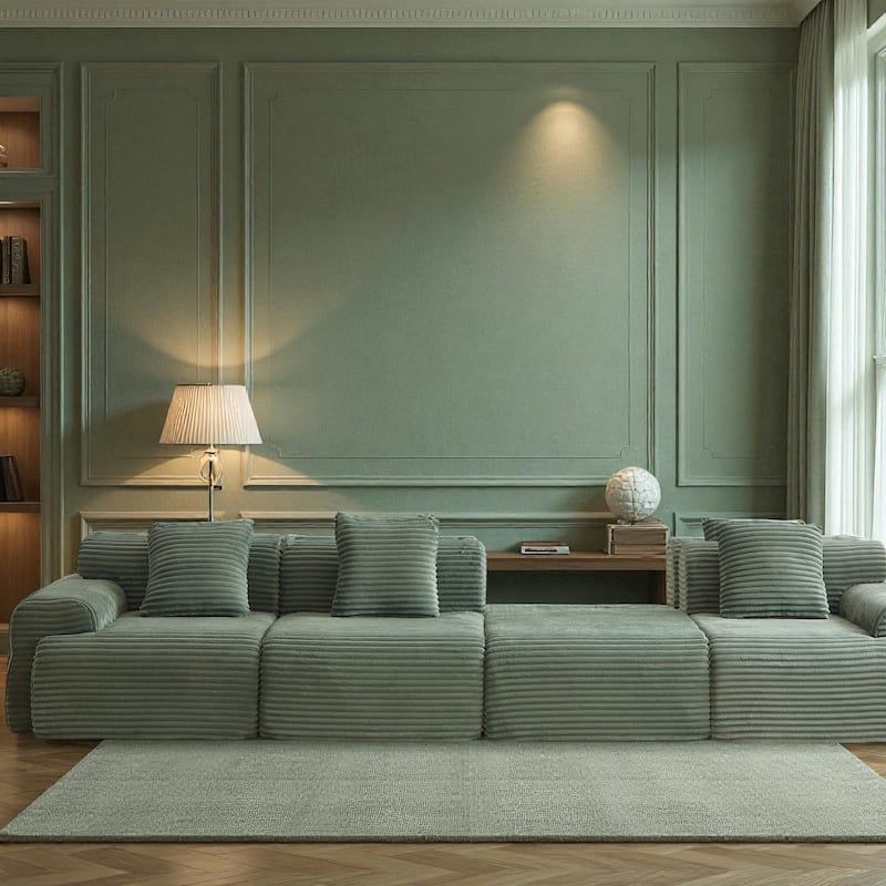 114" Corduroy Modular Sectional Sofa, Boneless Design with 4 Configurable Modules, Wide Backrest & 3 Pillows, No Assembly - Green