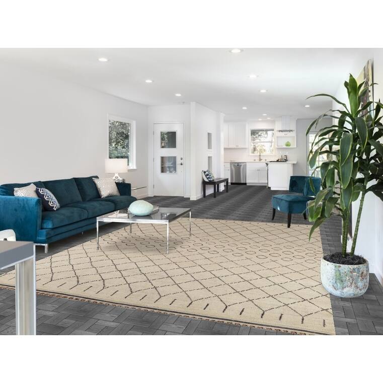 Ivory Trellis Moroccan Rug Hand-Knotted Striped Wool Carpet - 8'1"x 10'4"