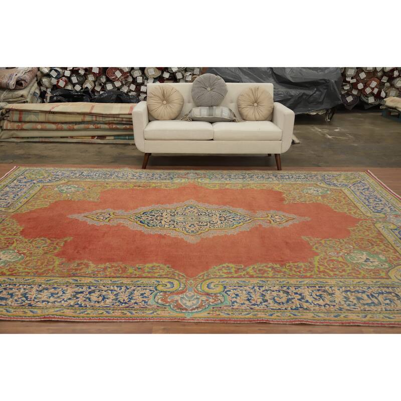 Hand Knotted Oriental 100% Wool Carpet Traditional Floral Oranges & Rust Kerman Area Rug - 12' 0'' X 8' 9''