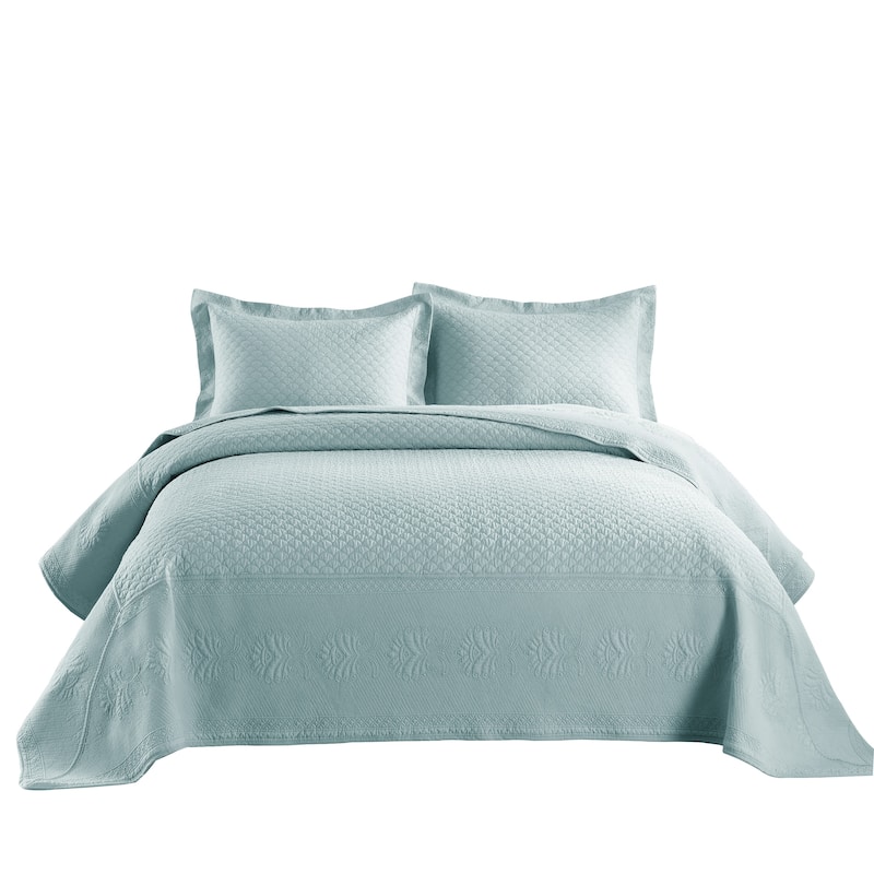 MarCielo 3 Piece Embroidered 100% Cotton Oversized Quilt Bedspread Set TM - Mint Green - Queen