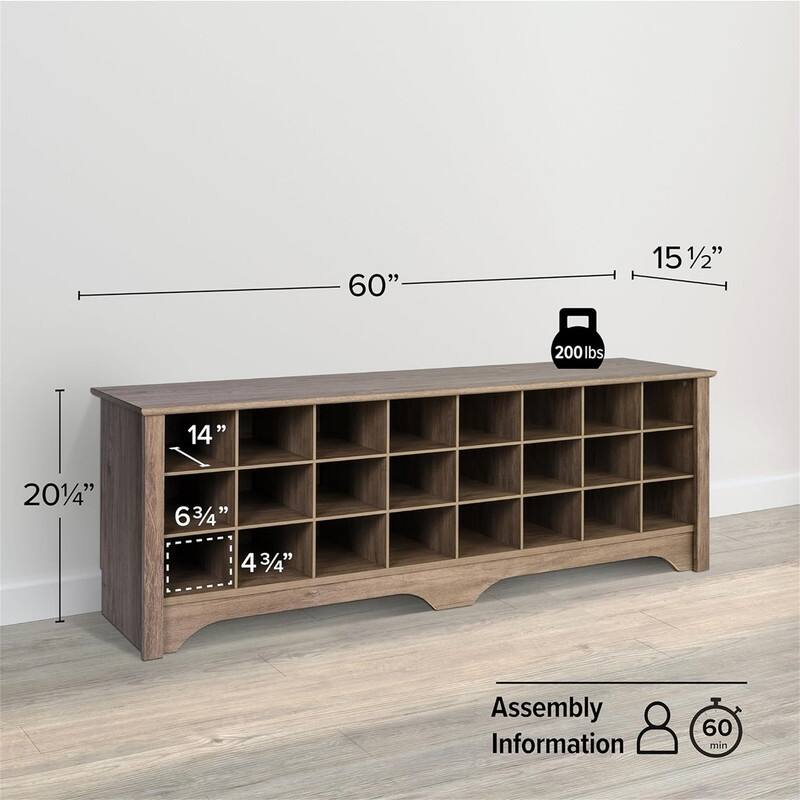 24 Pair Shoe Storage Cubby Bench - 15.5"D x 60"W x 20.25"H