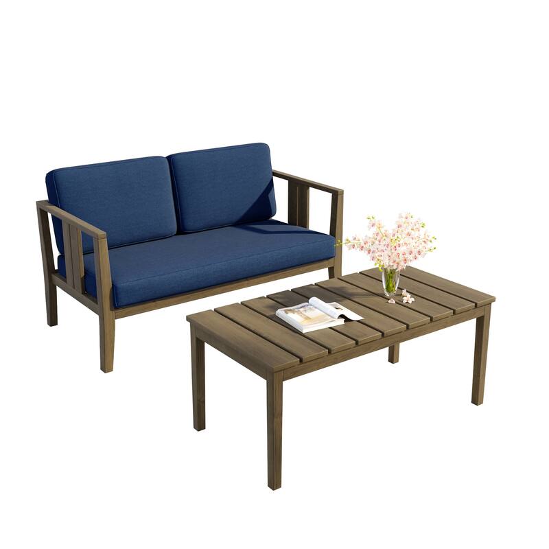 Teak Wood Water Resistant Outdoor Loveseat and Coffee Table Set (Set of 2)