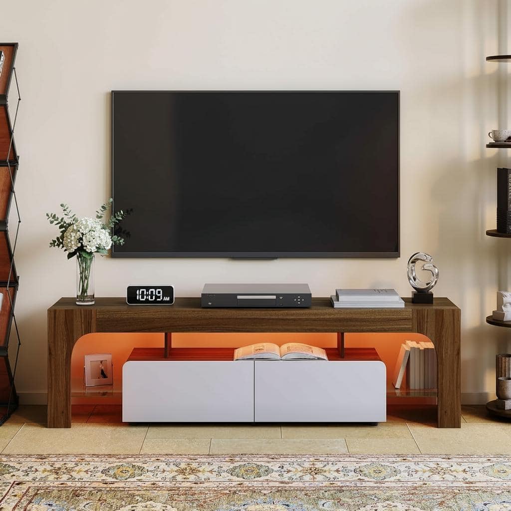 TV Stand with LED Lights, with 2 Drawer & Open Shelf