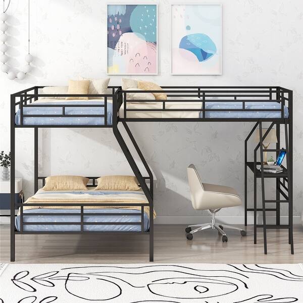 slide 2 of 9, Twin Over Full Metal Triple Bunk Bed, A Twin Size Loft Bed Attached Black - Full