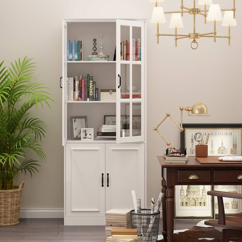 78.7"H Combo Buffet Sideboard White Curio Bookcase Cabinet Glass Door