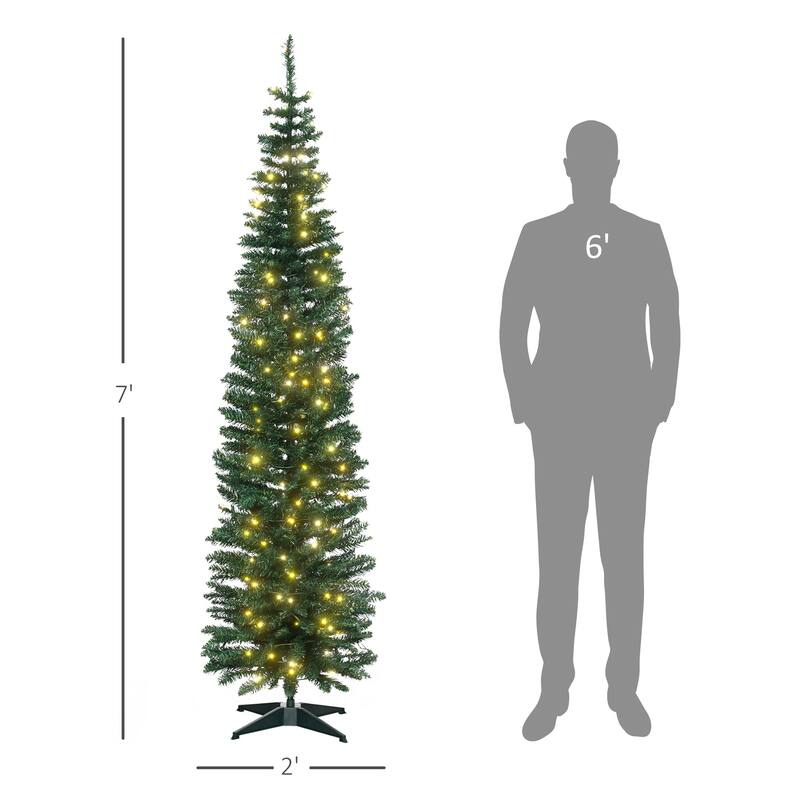 HOMCOM 7ft Tall Pre-Lit Slim Noble Fir Artificial Christmas Tree with Realistic Branches, 200 Warm White LED Lights, Green