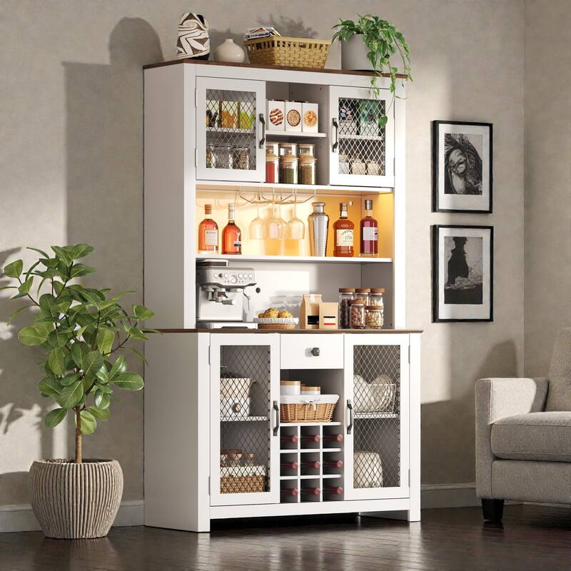 Rustic 70.9" Kitchen Hutch Pantry with LED Lights, AC/USB Outlets, Wine Bottle Rack, Glass Storage and Adjustable Shelves