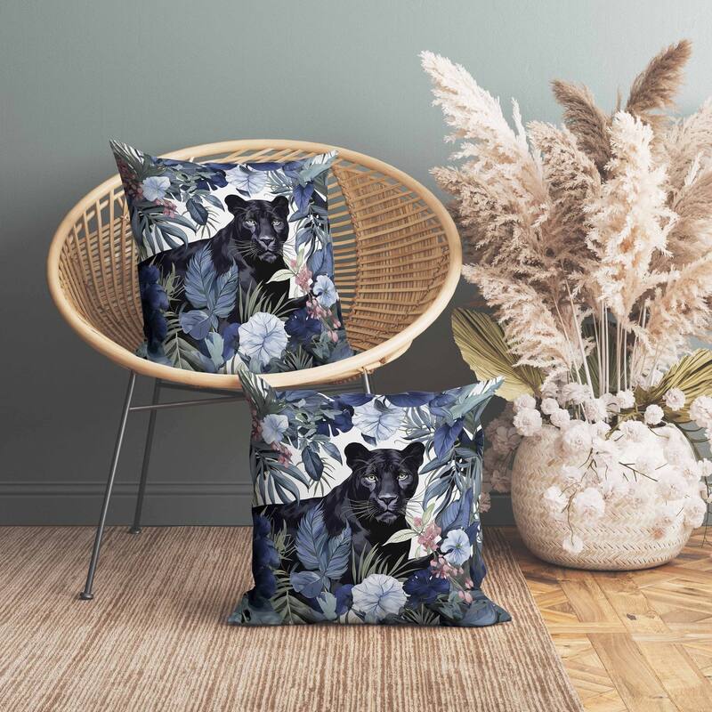 Panther Tropic Twilight Faux Suede Reversible Throw Pillow Blue and Black