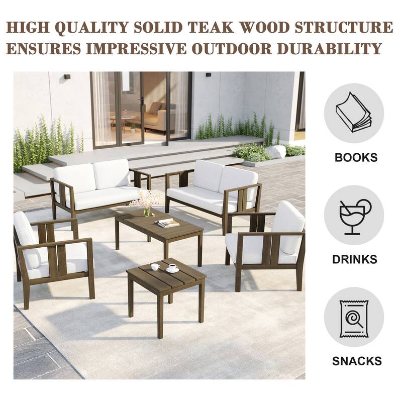 6-Piece Outdoor Furniture Solid Teak Patio Conversation Set with Table