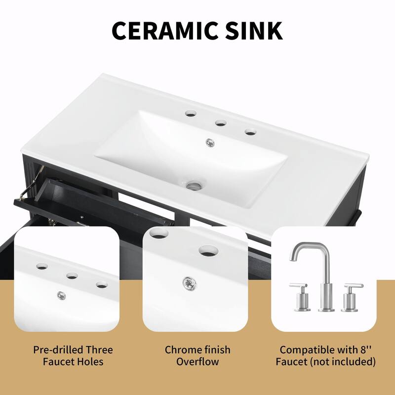 36-Inch Bathroom Vanity with Ceramic Sink Top, Solid Wood Frame and MDF Cabinet
