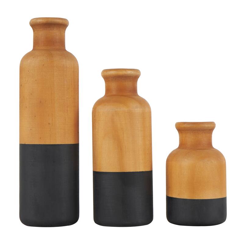 Brown Wood Colorblock Vase with White or Black Bases (Set of 3)