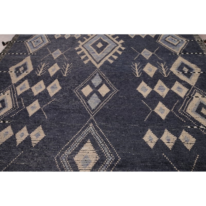 Geometric Blue Moroccan Oriental Area Rug Hand-Knotted Wool Carpet - 7'9" x 12'9"