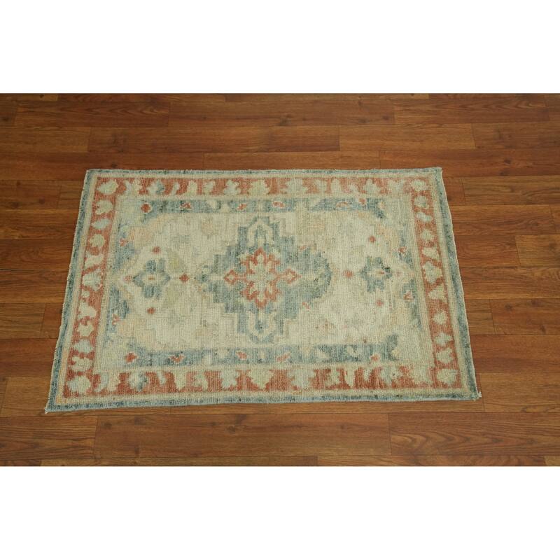 Vegetable Dye Wool Oushak Turkish Foyer Rug, Medallion Geometric Carpet - 2' 11'' X 1' 11''