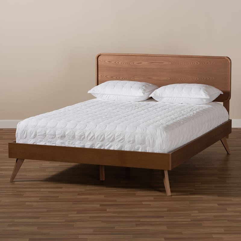 Mid-Century Modern Walnut Brown Wood Queen Platform Bed with Clean Lines for Stylish Bedrooms