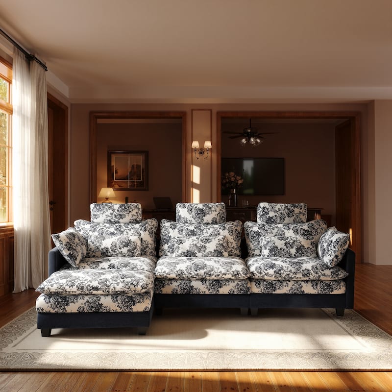 Blue Chenille Sectional Sofa with Floral Fabric, 4-Seater L-Shaped Couch with Adjustable Headrests, Pillows, and Chaise Lounge