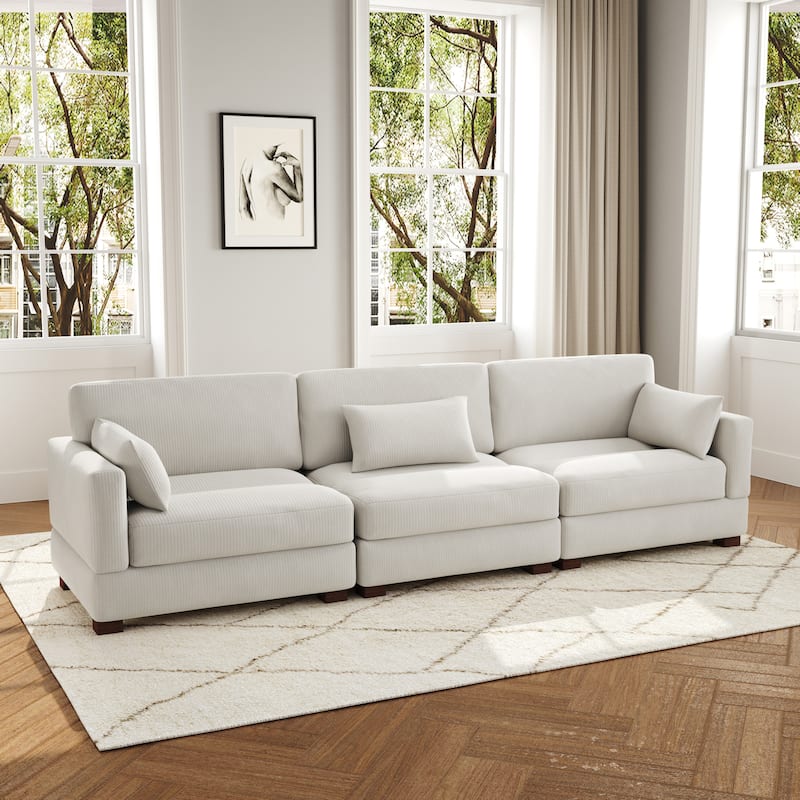 3-Piece Corduroy Couch Modular Sectional Sofa - Beige