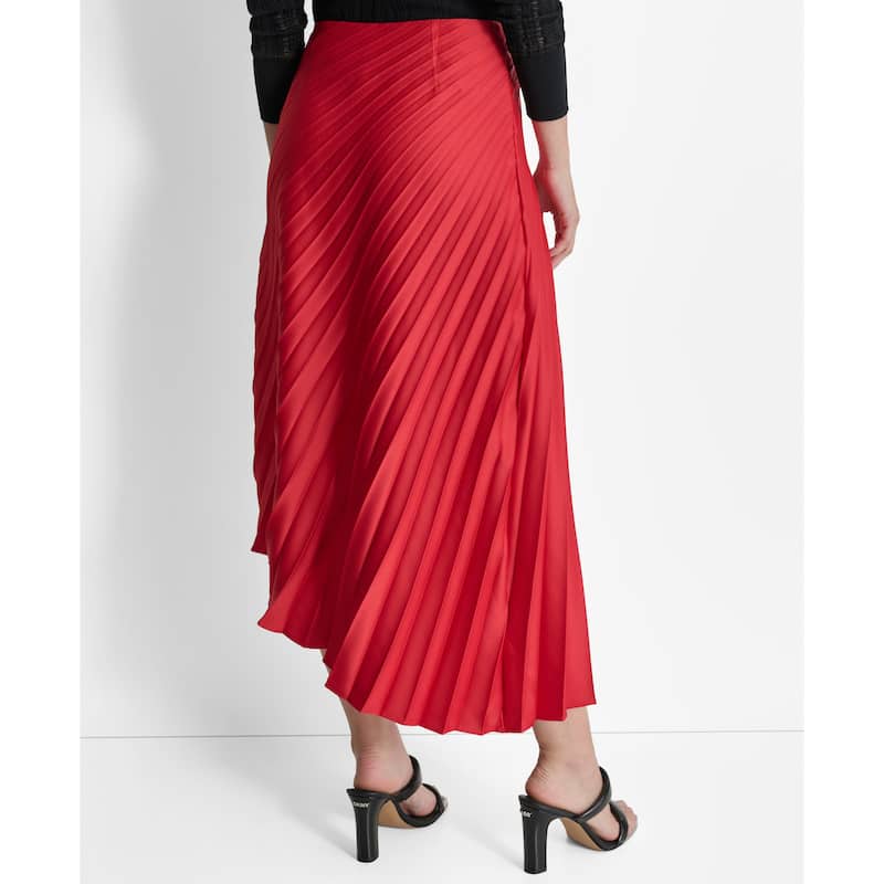 DKNY Pleated Asymmetrical Satin Midi Skirt - Red Light - 4