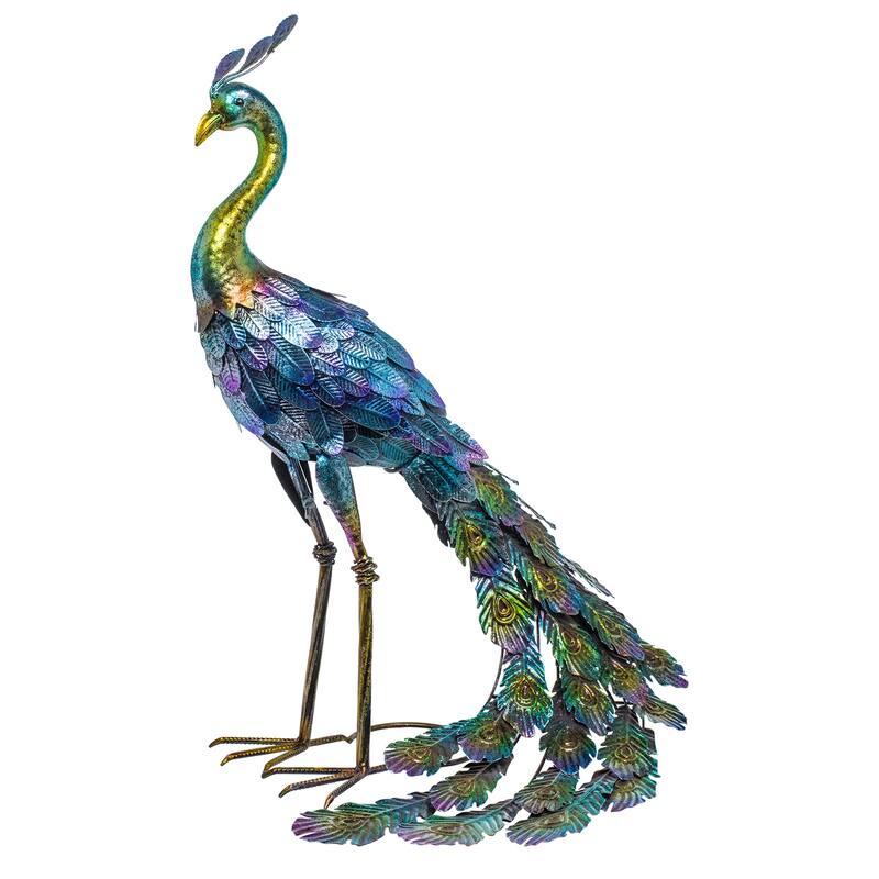 Alpine Corporation 23" Tall Outdoor Metallic Peacock Tail Spread Yard Statue Decoration, Multicolor