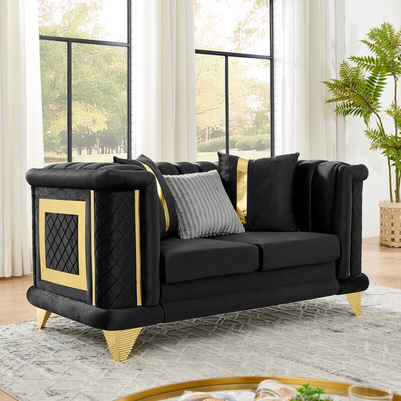 69 Inches Black Velvet Loveseat with Gold Stainless Steel Trims and Embroidered Texture - Multi-Color