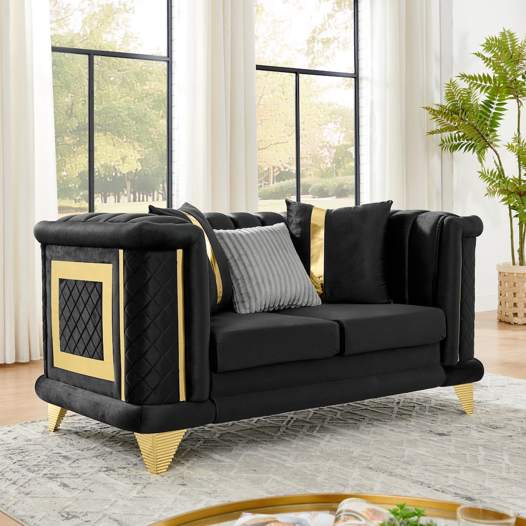 69 Inches Black Velvet Loveseat with Gold Stainless Steel Trims and Embroidered Texture