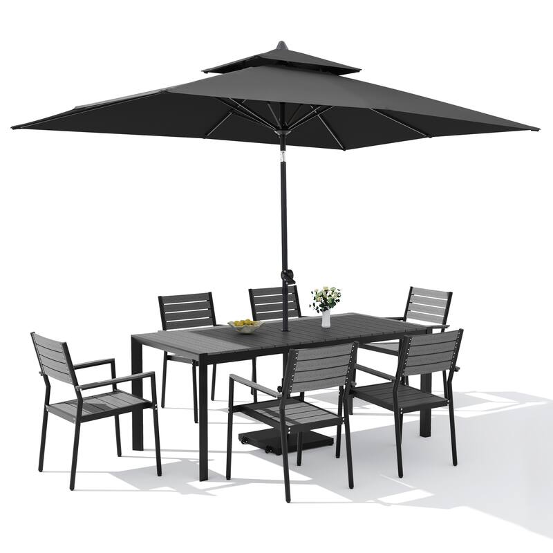 9-PCOutdoor Patio Dining Set Wood Like Aluminum Umbrella Hole Table with Stackable Armchairs, Market Umbrella and Wheel Base