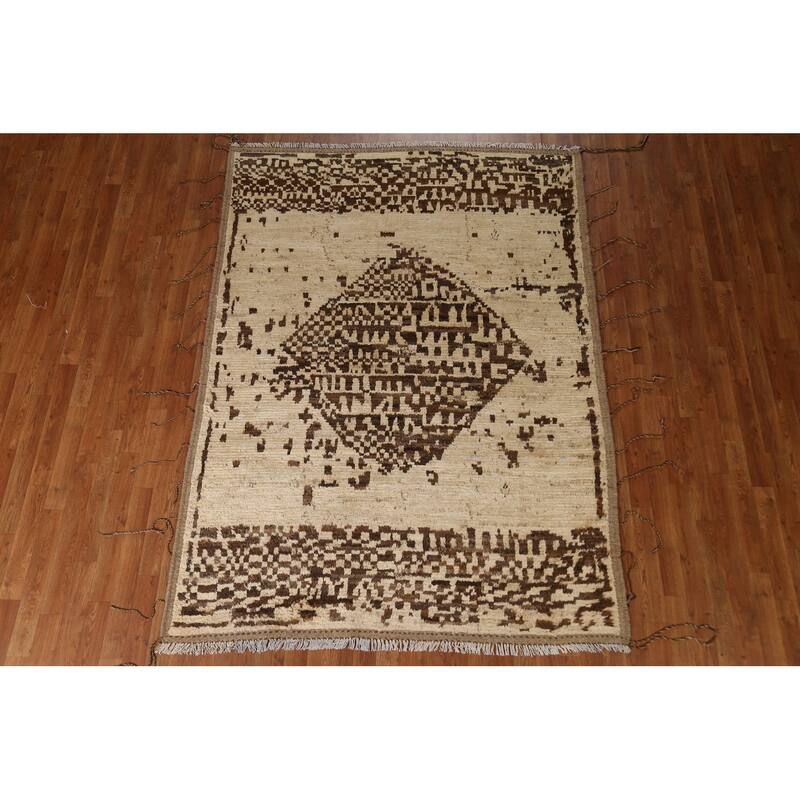 Hand Knotted Oriental 100% Wool Carpet Modern Tribal Beige & Ivories Moroccan Area Rug - 7' 10'' X 5' 9''
