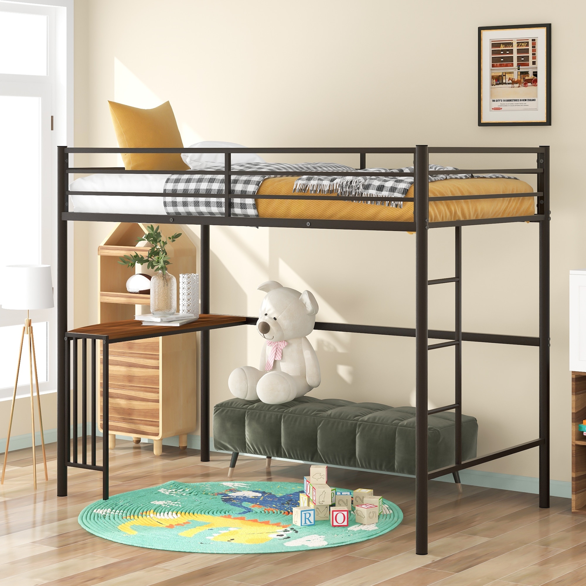 Industrial Twin Metal Bunk Bed with Desk Ladder and Guardrails Loft Bed for Bedroom Black