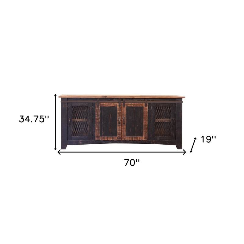 HomeRoots 70" Black Solid Wood Cabinet Enclosed Storage Distressed TV Stand - 70' X '34.75' X '19