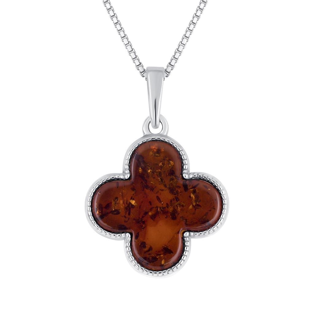 Baltic Amber Four Leaf Clover Pendant Necklace in Sterling Silver