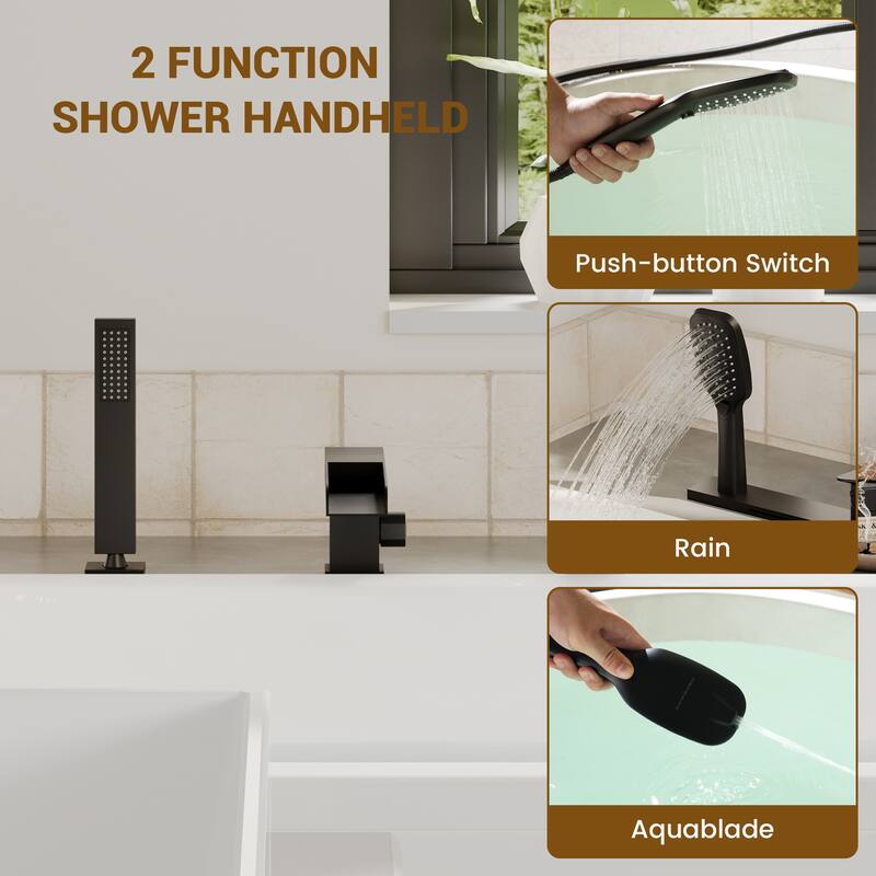 Bathtub Filler Faucet with Sprayer, Double-Handle Deck-Mount Roman Tub Faucet with Handshower, Pressure Balanced Valve Included