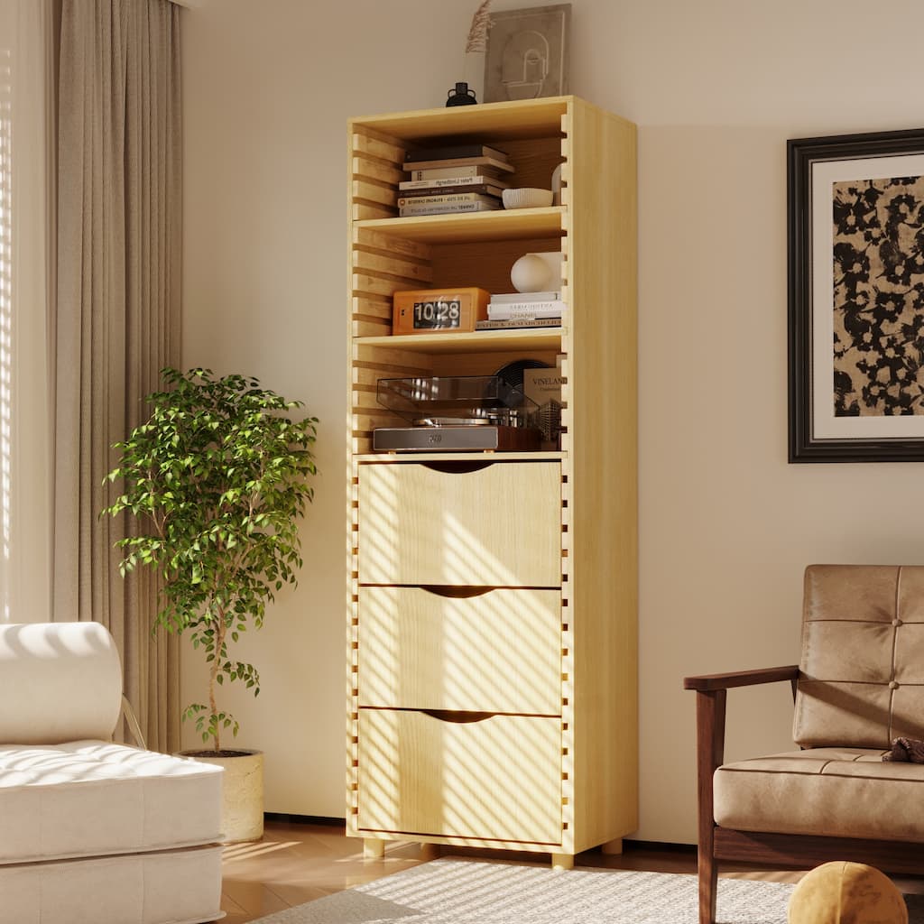 Tall Wooden Storage Cabinet with 3 Drawers and Adjustable Shelves, Solid Wood Slat Design