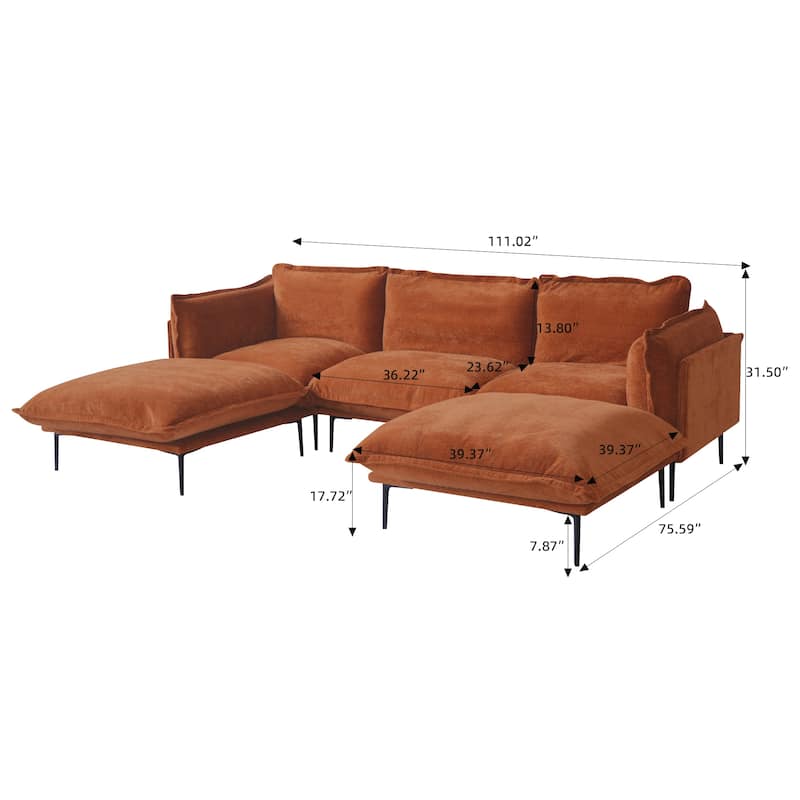 Living Room Furniture Velvet Sectional Sofa Modern Modular Sofa Deep Seat Upholstered Cloud Couch with 2 Ottomans