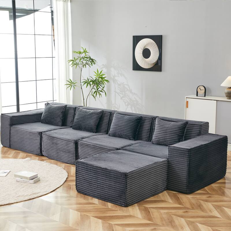 L-Shaped Modular Sectional Sofa with Ottoman, Striped Corduroy Deep Seat Cloud Couch, Large 4-Seat Corner Sofa