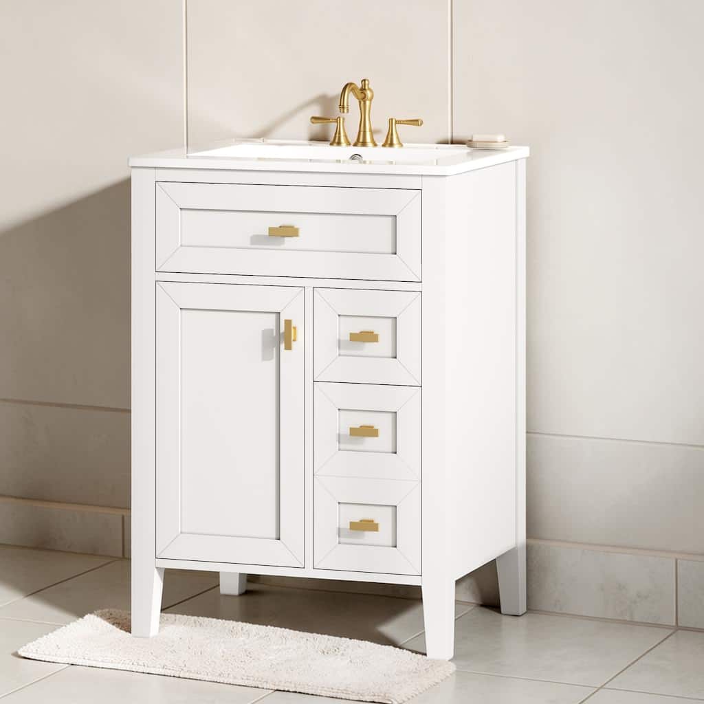 24 Inch Bathroom Vanity with Sink, Freestanding MDF and Rubberwood Storage Cabinet with 3 Drawers