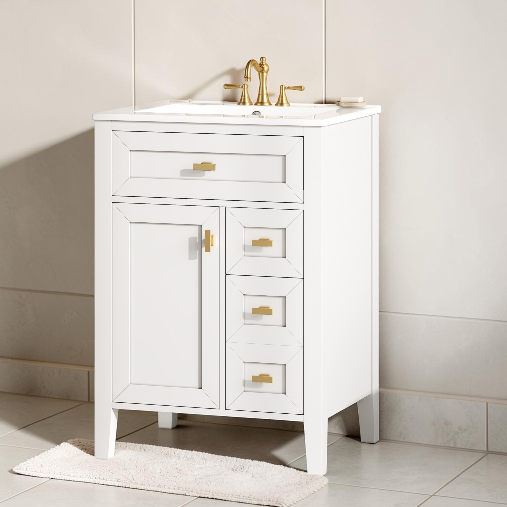24 Inch Bathroom Vanity with Sink, Freestanding MDF and Rubberwood Storage Cabinet with 3 Drawers