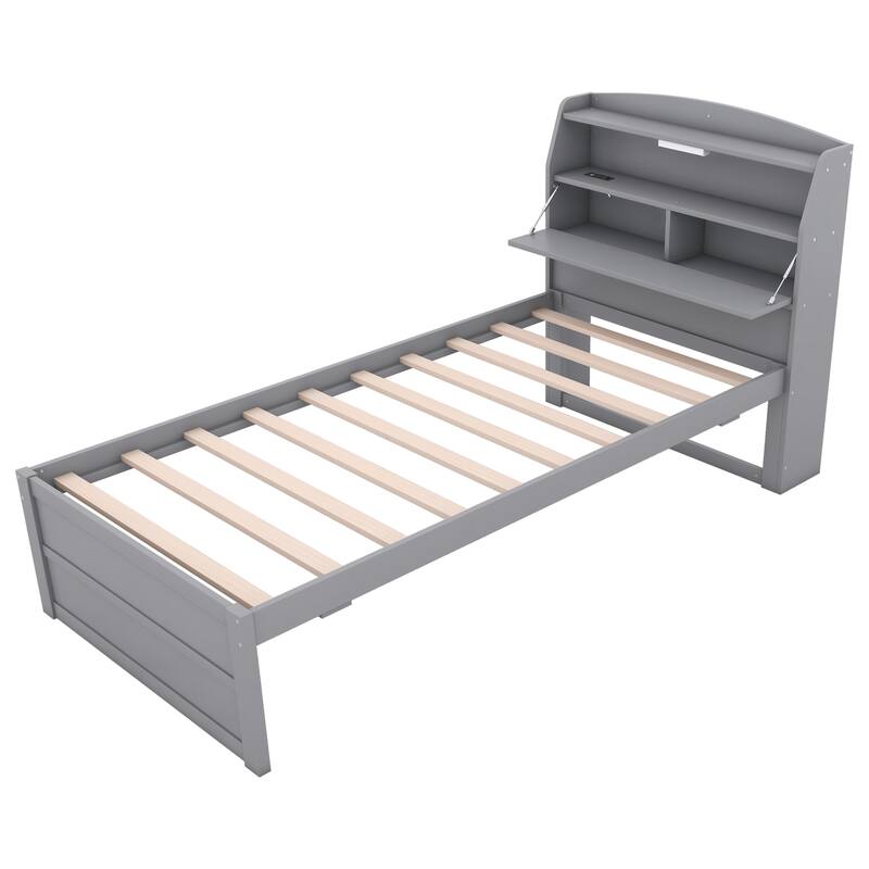 Wood Captain Bed Platform Bed with Trundle and 3 Drawers, Single Bed Frame with Storage Headboard and Integrated LED Light
