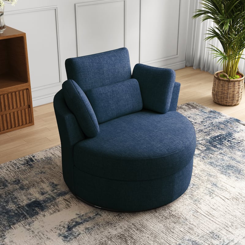 41" W Oversized Accent Barrel Swivel Chair with Moon Storage Ottoman - Single Chair - Navy Chenille