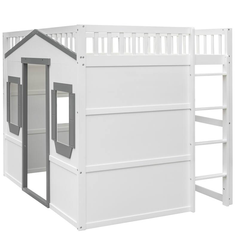 Full Size White and Gray Loft Bed with Ladder and Solid Pine Frame