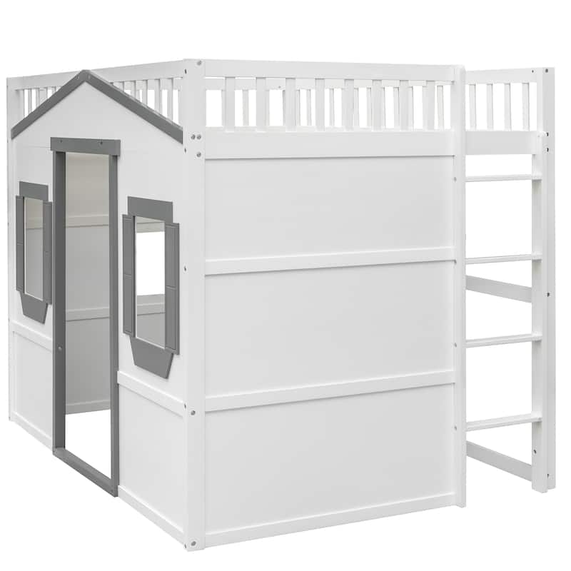 White+Gray Full Size House Loft Bed with Ladder, Doors, Window