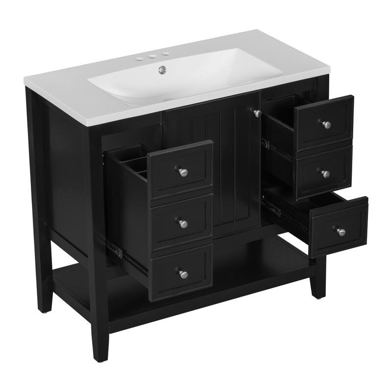 36" Bathroom Vanity with Ceramic Sink，Freestanding Bathroom Vanity Cabinet with 1 Door, 3 Storage Drawers and Adjustable Shelf