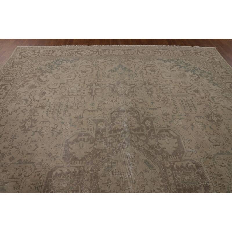 Distressed Muted Tabriz Persian Vintage Rug Handmade Wool Carpet - 9'10" x 12'8"
