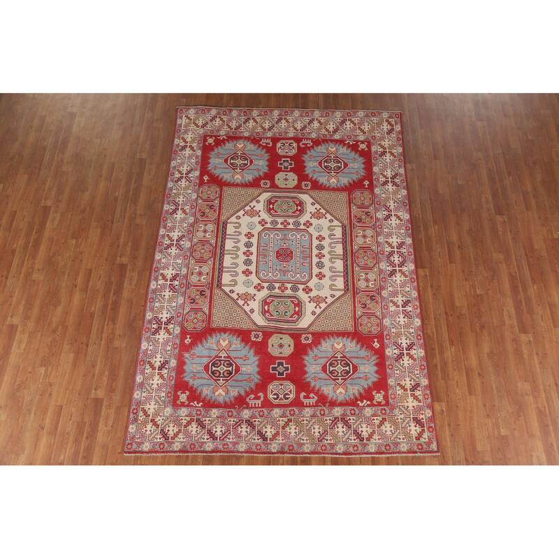 Hand Knotted Oriental 100% Wool Carpet Traditional Geometric Red Kazak Area Rug - 9' 7'' X 6' 4''