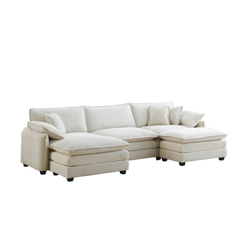 Beige 5-piece Corduroy Upholstered U-Shaped Modular Sectional Sofa with 2 Removable Ottoman, 5 Pillows, and Free Combination