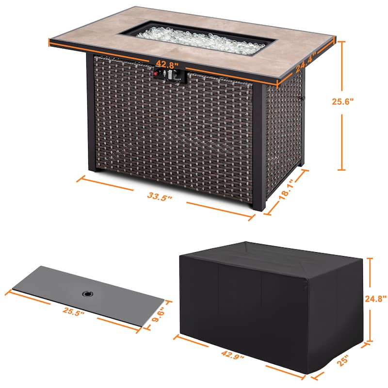 Nuu Garden Outdoor 43-inch 50,000 BTU Propane Gas Fire Pit Table, Ceramic Tabletop and PE Rattan Weaved Iron Frame