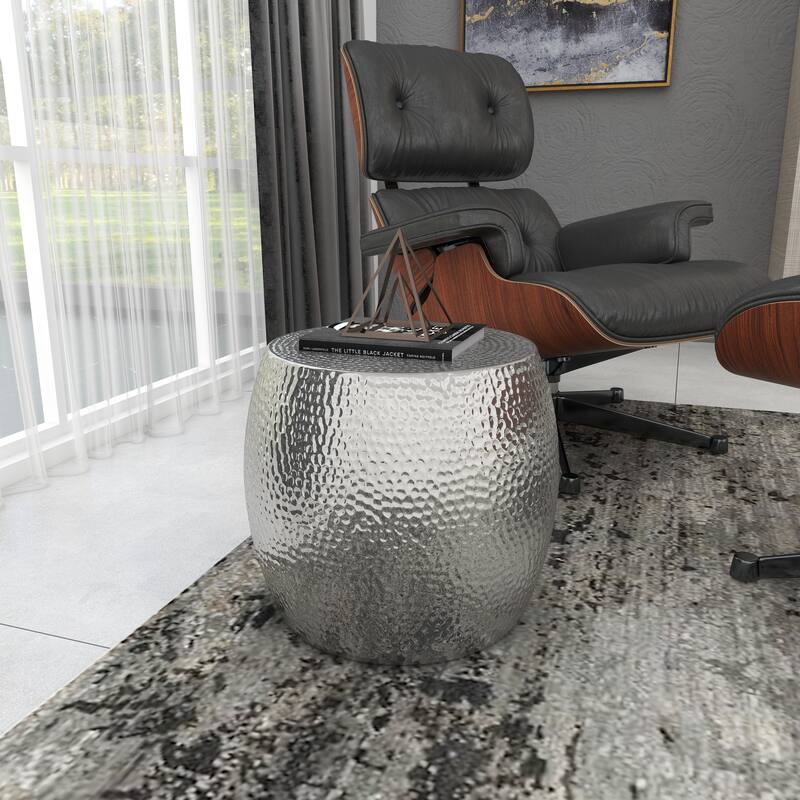 Silver Aluminum Contemporary Accent Table with Hammered Design On