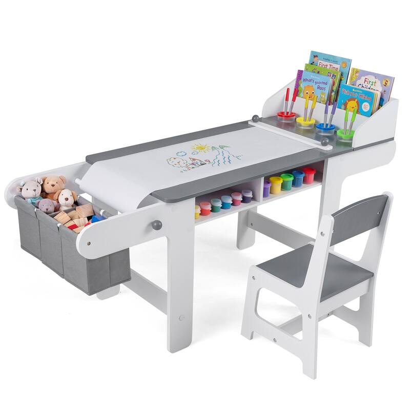 Gymax Wooden Kids Art Table & Chair Set w/Paper Roll&Fabric Bins for - Grey