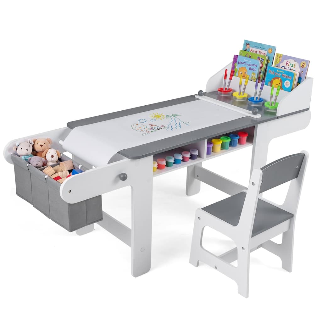 Gymax Wooden Kids Art Table & Chair Set w/Paper Roll&Fabric Bins for