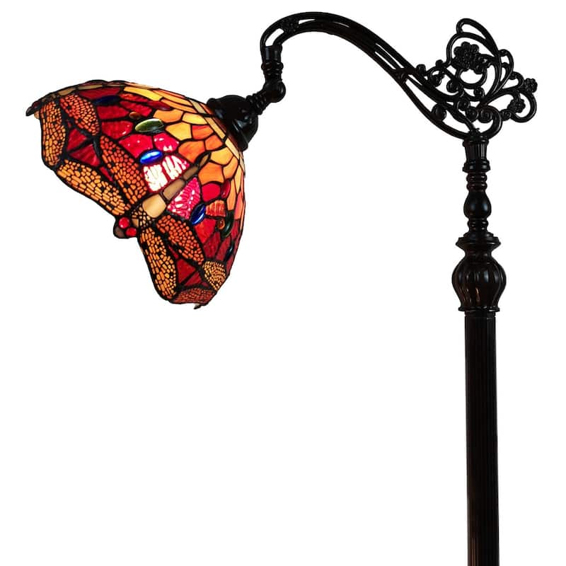 Black and Red Metal Torchiere Floor Lamp with Stained Glass Dome Shade - 10” x 10” x 61” (D x W x H)