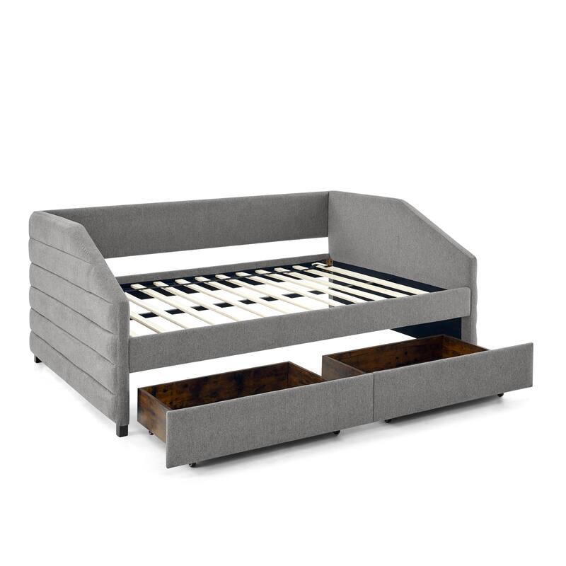 Twin/Full/Queen Size Upholstered Daybed with 2 Drawers, Linen Fabric Upholstered Sofa Bed, Wheeled Storage Daybed w/ Wood Frame
