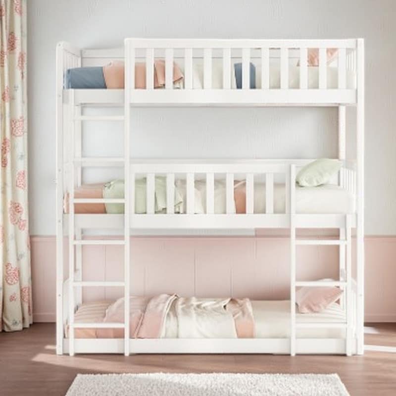 Twin over Twin over Twin Triple Bunk Bed with Ladders & Guardrails, Detachable Rubberwood Frame